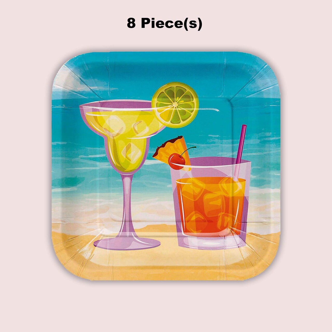 8 Ct. 7.25" Summer Cocktail Square Dessert Plates Beach Theme Disposable Paper Plates